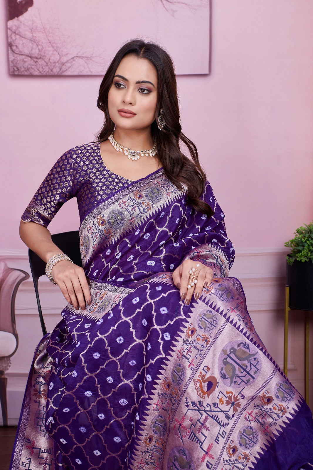 💜 Troika Fashion – Purple Tusser Bandhej Saree with Woven Pallu