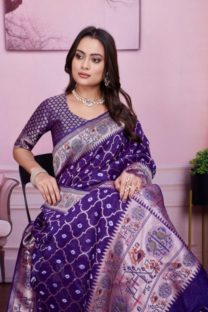 💜 Troika Fashion – Purple Tusser Bandhej Saree with Woven Pallu