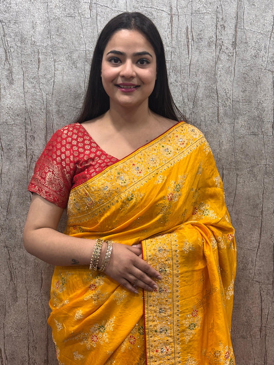Troika Fashion – Mustard Yellow Pure Dola Silk Handwork Saree