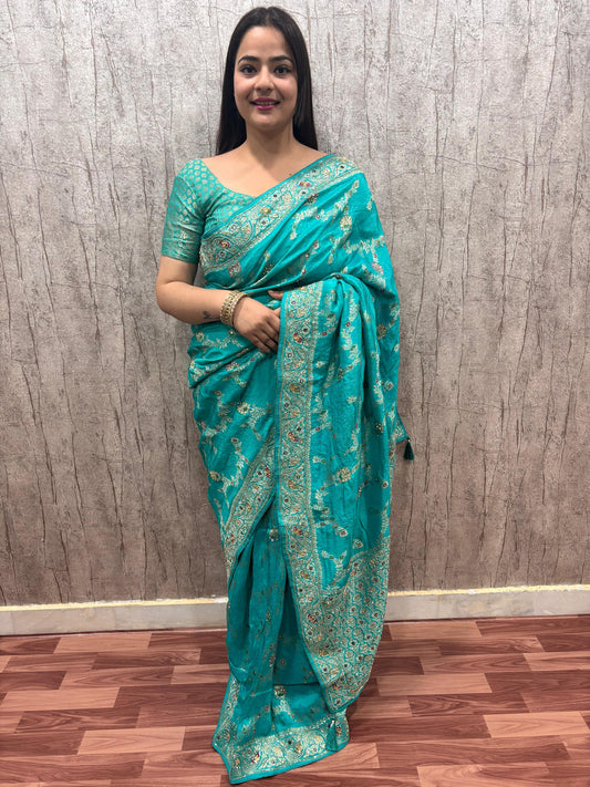 Troika Fashion  – Elegant Teal Pure Dola Silk Handwork Saree