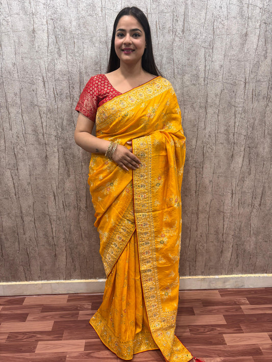 Troika Fashion – Mustard Yellow Pure Dola Silk Handwork Saree