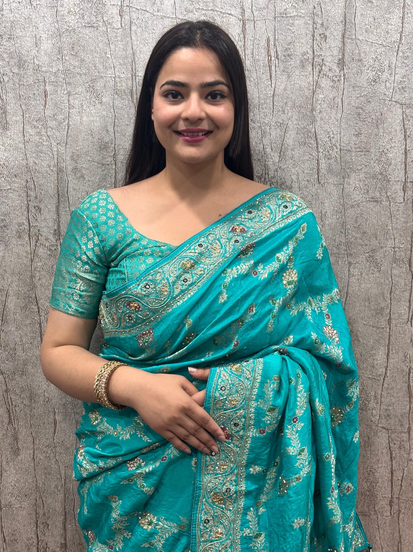 Troika Fashion  – Elegant Teal Pure Dola Silk Handwork Saree