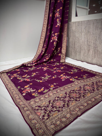 Troika Fashion – Dola Silk Handwork Zardozi & Stone Work Saree