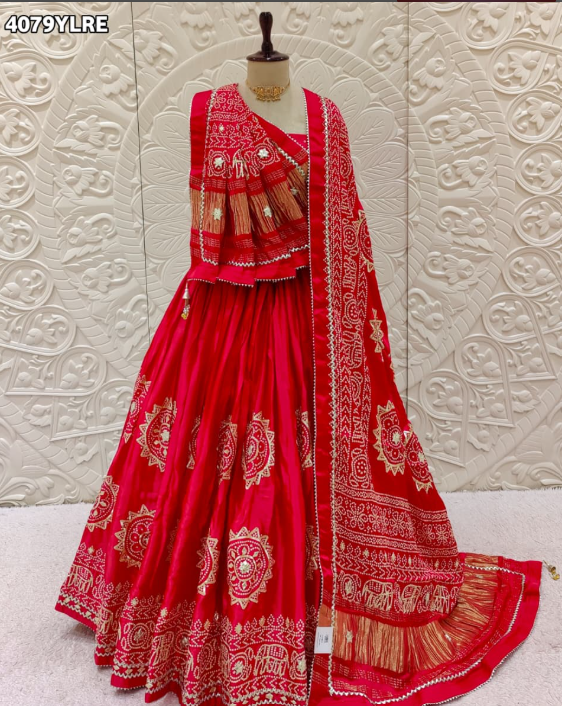 Troika Fashion – Traditional Bandhani Style Gaji Silk Lehenga with Gota Patti Detailing