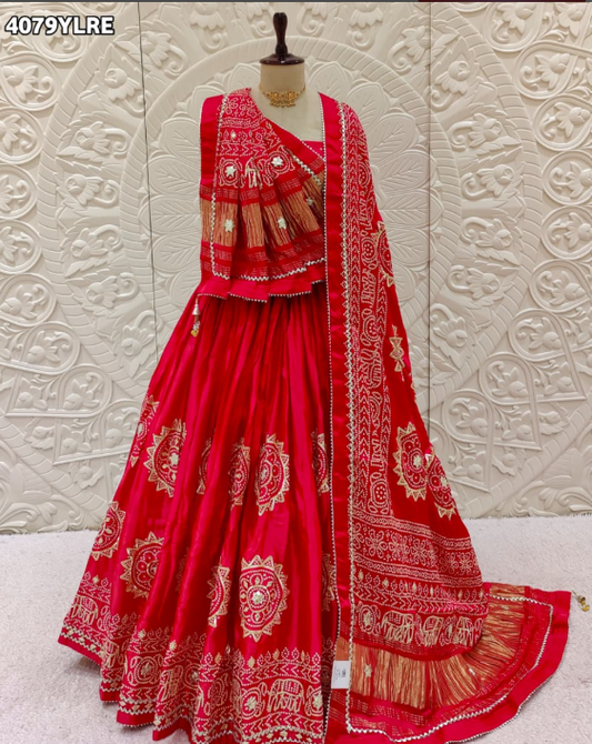 Troika Fashion – Traditional Bandhani Style Gaji Silk Lehenga with Gota Patti Detailing