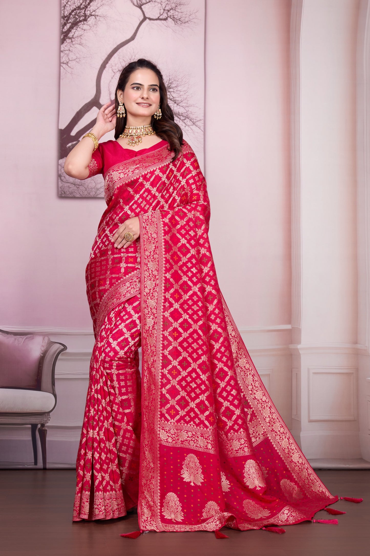 Troika Fashion – Pure Dola Silk Heavy Meena Zari Handwork Saree